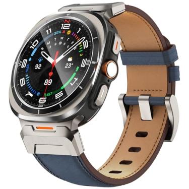 Imagem de FULLIFE Pulseiras de couro compatíveis com Samsung Galaxy Watch 7 Ultra de 47 mm, conector de metal de aço inoxidável resistente, pulseira de couro genuíno alargado para Samsung Watch Ultra 7,