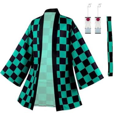 Imagem de IOONCHI Tanjirou Robe Adult Green Plaid Cloak Kamado Tanjirou Cosplay Costume Color Block Kimono Cardigan Jacket Earrings Set