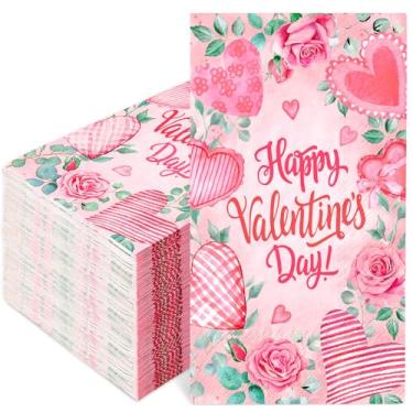 Imagem de JarThenaAMCS 50 peças de guardanapo de papel feliz dia dos namorados coração floral eucalipto banheiro guardanapo rosa toalha de mão descartável para convidados em casa suprimentos de festa