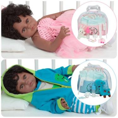 Imagem de Kit Bebê Reborn Gêmeos Menina Menino Com Pelúcia Bolsa Itens - Cegonha