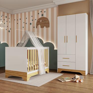 Imagem de Quarto de Bebê Guarda Roupa e Berço 3 em 1 100 MDF Popy Móveis Peroba - Branco Brilho/Amendoa