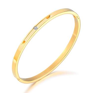 Imagem de Rockyu Pulseira feminina de zircônia de titânio dourada ultrafina hipoalergênica de aço inoxidável para presente de aniversário, Aço inoxidável
