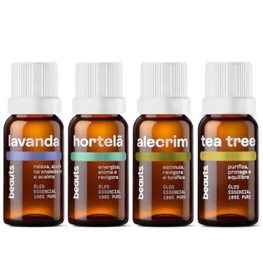 Imagem de Kit Aromaterapia - 4 Óleos Essenciais 100% Puro e Natural - Óleo Essencial de Lavanda Francesa, Hortelã Pimenta, Alecrim, Melaleuca (Tea Tree) - Para Difusor, Massagem, Escalda-Pés, Aromaterapia, Banho - 4x10ml, Beauts