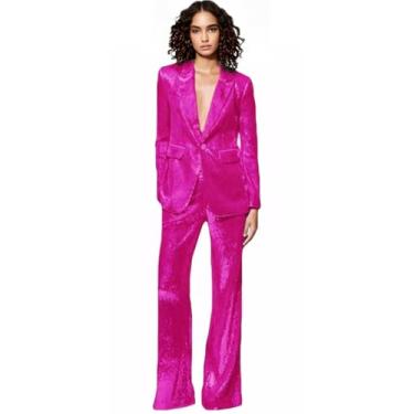Imagem de Conjunto de terno feminino com lantejoulas, um botão, 2 peças, smoking de casamento, blazer e calça blazer para festa de formatura, Rosa choque 1, M