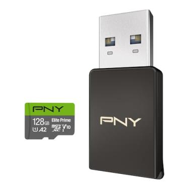 Imagem de PNY Cartão de memória flash 128GB Elite Prime Class 10 U1 V10 A2 microSDXC e leitor de cartão USB 3.2 Gen 1-175 MB/s, Classe 10, U1, V10, A2, Full HD, UHS-I, Micro SD