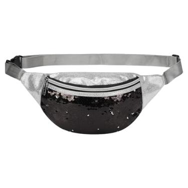 Imagem de DTGN Pochete feminina com lantejoulas, linda bolsa de cintura, bolsa transversal, resistente à água, pequena bolsa de bumbum com cinto ajustável para corrida, caminhada, brilhante, Preto