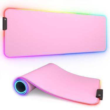 Imagem de ITNRSIIET Mouse pad RGB para jogos, mesa completa XL estendida grande mousepad para jogos, 12 modos de iluminação 30% mais grosso grande LED tapete de mesa para jogadores, 81 x 30 cm, rosa
