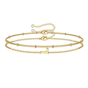 Imagem de M MOOHAM Pulseiras iniciais femininas - Pulseira com letras em camadas com pingente de inicial A-Z, joias delicadas de ouro/prata/ouro rosa para mulheres, presentes de aniversário, joias de ouro