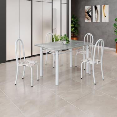 Imagem de Conjunto de Mesa Tubular 120cm X 75cm Tampo em Granito Topázio com 4 Cadeiras Iris Arabesco/ Branco