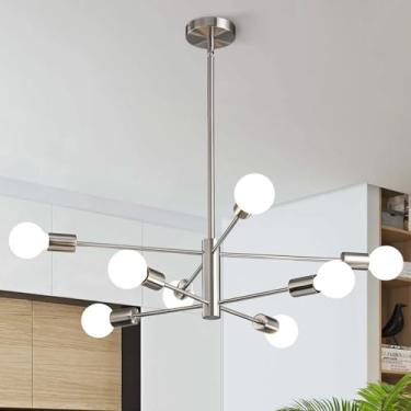 Imagem de KAISITE Lustre Moderno De Teto, Luminária De Níquel Escovado, Lustres Sputnik Para Quarto, Sala De Estar, 8 Luzes, Altura Ajustável, Sala De Jantar, Lustre De Fazenda, Sobre A Mesa, Luz De Cozinha S