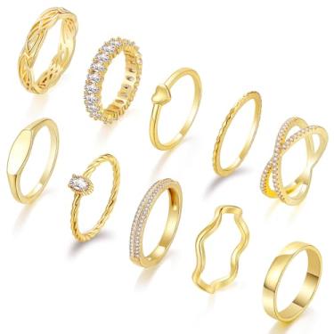 Imagem de Staligue Anéis de ouro para mulheres, não manchados, 10 peças, delicados, banhados a ouro 14k, conjunto de alianças de casamento grossas de coração CZ tamanho 5 6 7 8 9 10 11, Cobre, Zircônia cúbica
