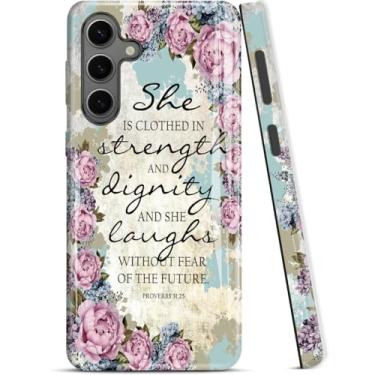 Imagem de ZISKGZO Capa Dual Guard para Samsung Galaxy A56 5G, capa rígida de camada dupla + capa de silicone 2 em 1 - capa protetora para celular à prova de choque, versículo bíblico provérbios 31:25, flores