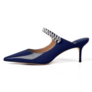 Imagem de XINIUNIU Mules de salto feminino com tiras de cristal, bico fino, sandália sem cadarço para mulheres com strass, 6,5 cm, azul-marinho, 7