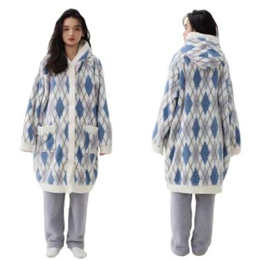 Imagem de Pijama longo estampado com capuz macio desenho animado robe terno roupa de casa três camadas de capa fria espessa à prova de vento, azul-M