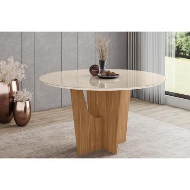 Imagem de Mesa p/ Cozinha Vértice SC131 c/ Tampo Madeirado c/ Vidro Redondo 140x140cm Nature/Off...
