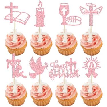 Imagem de Ephlyn 32Pcs First Holy Communion Cupcake Toppers Glitter Dove Cross God Bless and Baptism Cupcake Picks First Communion Theme Baby Shower Birthday Party Cake Decorations Supplies Pink