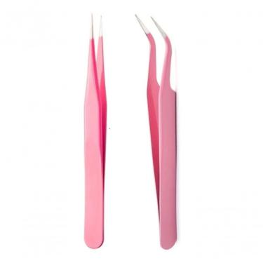 Imagem de Par De Pinças Alongamento Extensão De Cílios Fio A Fio Rosa