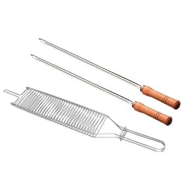 Imagem de Conjunto De Grelha Para Coraçãozinho E Espetos Simples Utimil Em Aço Cromado, Aço Inox E Madeira 3 Peças Inox, Cromado E Natural