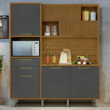 Imagem de Cozinha Em Mdf Loft Nesher Imperatriz 6 Portas 2 Gavetas 11 Prateleiras Cinza Com Marrom