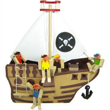 Imagem de Navio Pirata Em Madeira Com Bonecos E Acessórios - Marrom - 100% Artesanal