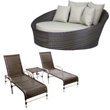 Imagem de Kit Chaise Com 2 Espreguiçadeiras Catar Reguláveis Com Almofadas Pedra Ferro