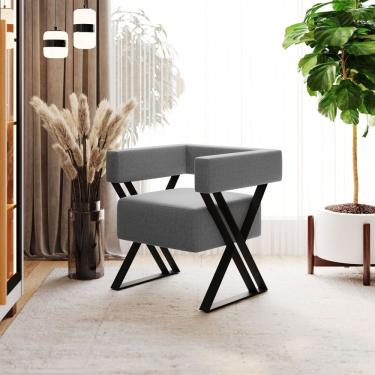 Imagem de Poltrona Decorativa Linha Alta Frida Estilo Industrial Linho Cinza