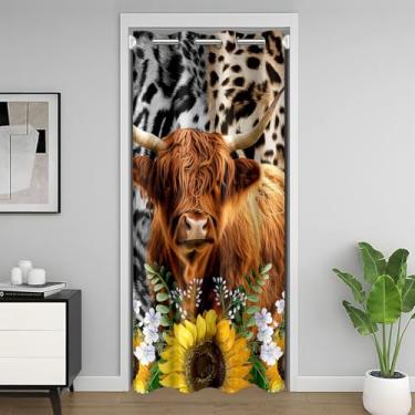 Imagem de Cortina de porta de pele de animal de guepardo safári para armário de entrada, cortina blackout divisória de quarto de girassol floral leopardo, cortina blackout de porta de vaca highland 1 painel