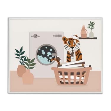 Imagem de Stupell Industries Tigre no cesto de roupa suja branco emoldurado Giclee Art Design por Natalie Carpentieri, 14 x 11
