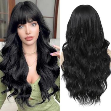 Imagem de Lovenia Lovenia-Peruca Longa Preta Com Franja Para Mulheres, Peruca Sintética Natural Ondulada De 26 Polegadas, Fibra Resistente Ao Calor, Cabelo Longo E Cacheado, Parte Central, Festa Diária, Elega