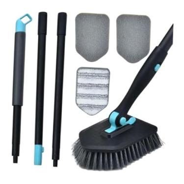 Imagem de Fenteer Escova de limpeza de chuveiro, alça extensível Microfiber band puta escova de escova ângulo ajustável para a janela da parede da porta do vaso, Preto