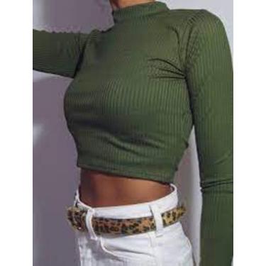 Imagem de Cropped feminino manga longa gola rasa básico malha canelada mulher - 