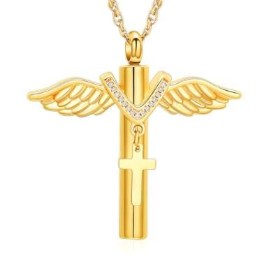 Imagem de shajwo Joias de cremação, colar de urna com cruz de asa de anjo para cinzas para mulheres e homens, pingente de cinzas humanas, Aço inoxidável, Sem Pedra Preciosa