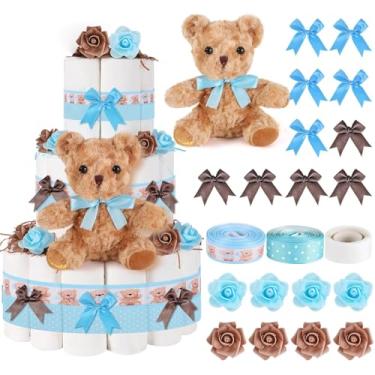 Imagem de YLOLUL Kit De Bolo Fraldas Com 23 Peças, Decoração Chá Bebê Urso, Conjunto Ursinhos Pelúcia Para Mesa Festa Aniversário (Urso Azul, Grande)