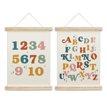 Imagem de OZTEMETY Moldura de cabide de pôster com números do alfabeto vintage, tabela de números 1-10 para crianças para parede, arte de parede boho, pôsteres de aprendizagem infantil, decoração de sala de