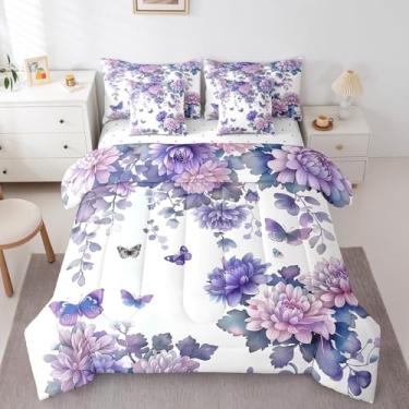 Imagem de jejeloiu Conjunto de edredom de 7 peças, solteiro, com estampa de borboleta, floral, para meninos, meninas, adolescentes, em uma bolsa, macio, leve, microfibra para decoração de quarto