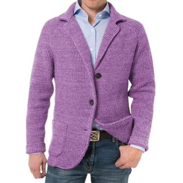 Imagem de Cardigan Masculino Suéter Gola Xale Blazer Jaqueta Slim Fit Casaco Esportivo Vintage Inteligente Blazer Casual Botão Para Baixo Jaquetas De Suéter De Malha Com Bolsos, Purple, 4XL