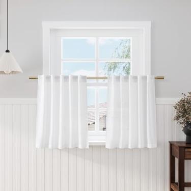 Imagem de Cortinas de cozinha de linho branco 76 cm de comprimento, 2 painéis, aba traseira, bolso para varão, filtragem de luz, semitransparentes, cortinas curtas de privacidade sólida para banheiro, porão