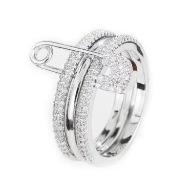 Imagem de Pregeckit Fashion Safety Pin Stackable Rings for Women CZ Cubic Zirconia Paved Multi-Link Connected Statement Rings Chunky Stacking Jewelry Gift (Silver,7)