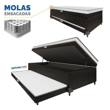Imagem de Cama Box Baú com Colchão de Molas Ensacadas acoplado e Auxiliar de Espuma Lyon Solteiro 88cm
