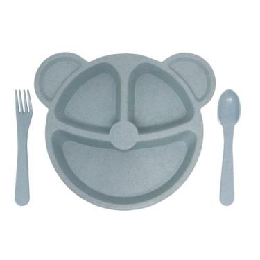 Imagem de Prato com Divisória + Talheres Infantil Bebe BLW Formato Urso Introduç