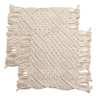 Imagem de Utobanh Jogo americano feito à mão de crochê de algodão com borlas, tapete pequeno de 25 x 30 cm para decoração de casamento boêmio, tapete de mesa boho para casa de fazenda, decoração rústica para