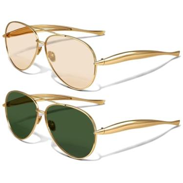 Imagem de YDAOWKN Óculos de sol aviador retrô dourado para mulheres e homens, óculos de sol grandes aviadores dos anos 70, Armação B dourada lente champanhe + armação dourada lente verde, 2pack