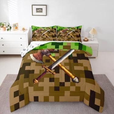 Imagem de Castle Fairy Conjunto de edredom casal com espada de machado, blocos de camuflagem, 3 peças, para decoração de quarto de crianças, adolescentes, mulheres, tema mineiro, estilo pixel, conjunto de