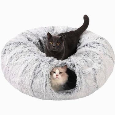 Imagem de Túnel para gatos com tapete central, brinquedos de playground de tubo grande, material de pelúcia macio, formato de lua cheia para gatinhos, gatos, filhotes, coelhos, furões (cinza)