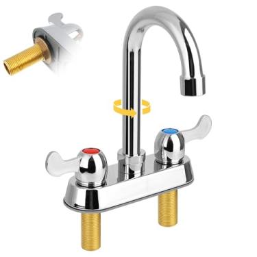 Imagem de KWODE Torneira de pia de barra comercial central de 10 cm, torneira de pia utilitária de montagem em deck de 2 furos com bico giratório de pescoço de ganso de 8 cm e alças de alavanca dupla para pia