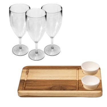 Imagem de Conjunto Kit Wooden Glow Tábua Retangular Corte Churrasco Frios Madeira Acompanha Ramequim Com 3 Taças de Vinho Ou 3 Copos Whisky (2, Branco - Taça)