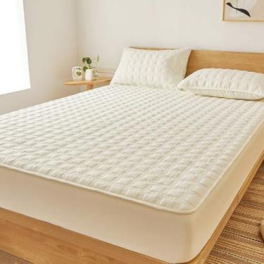 Imagem de ZIQINPSQ Lençol Gingham Casal, 45,7 cm, Bolso Profundo, Respirável, Acolchoado, Sem Bolinhas, Resistente a Rugas, Capa de Colchão para Todas as Estações com Pillowease, Amarelo Claro