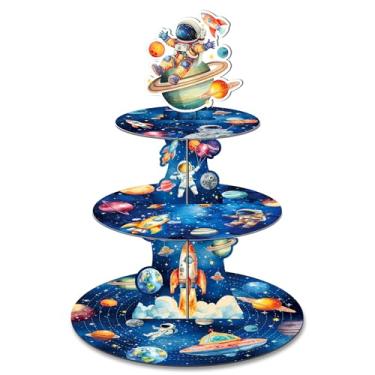 Imagem de 3 níveis de decoração de festa temática espacial astronauta espaço suporte externo para cupcake galáxia suporte de cupcake torre de sobremesa para meninos, crianças, aniversário, chá de bebê