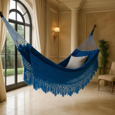 Imagem de Rede de Descanso Bucho de Boi XGG, 4,5m, Suporta até 350kg, Algodão, com Franjas Decorativas (Azul)