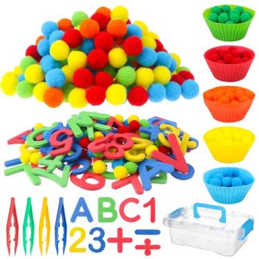 Imagem de 286 peças de brinquedos sensoriais para caixas e números, contagem de moedas, 200 pompons de feltro, 76 letras magnéticas, números, 4 pinças, 5 placas de silicone, 1 caixa de armazenamento, para